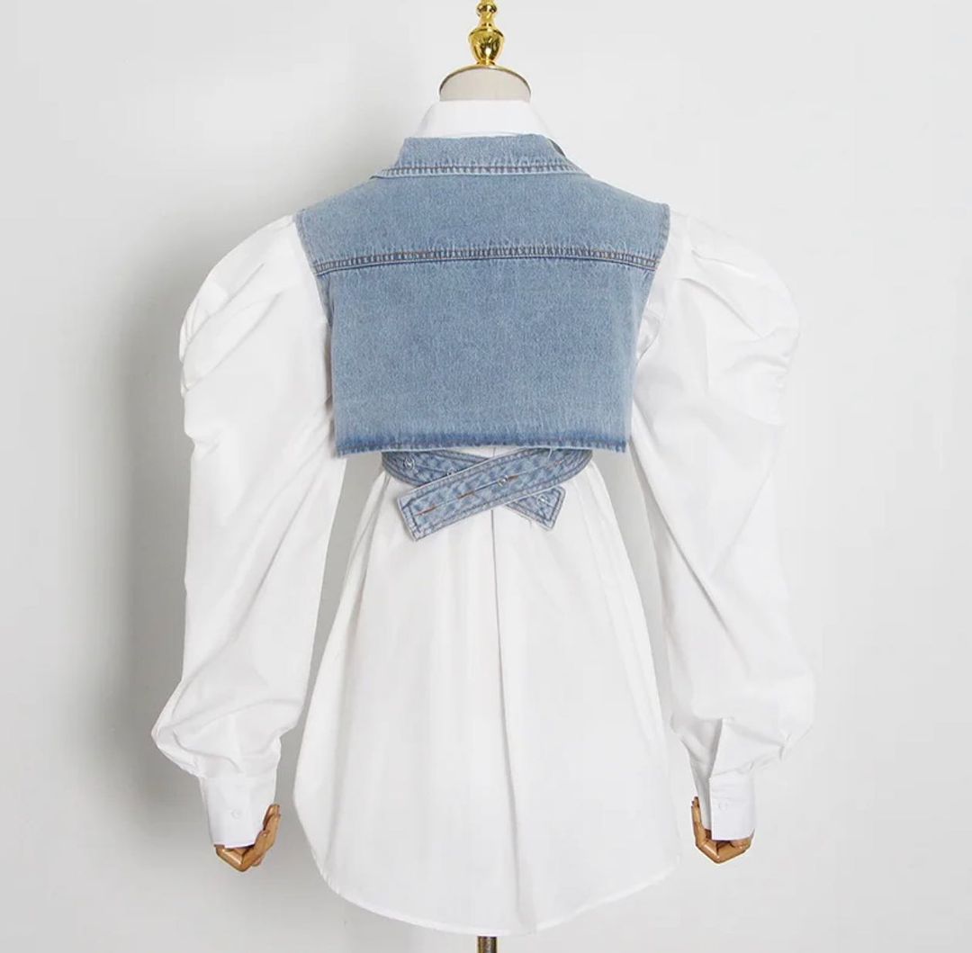 DENIM CROP VEST +WHITE SHIRT TOP